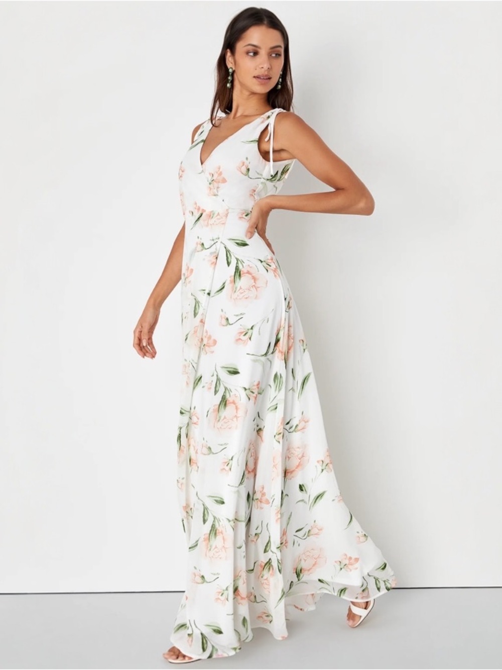 Lulus Maxi Dress Womens Large White Pink Floral Tie Strap Surplice Neck NWT